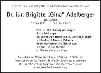 Traueranzeige von Brigitte Adelberger von merkurtz