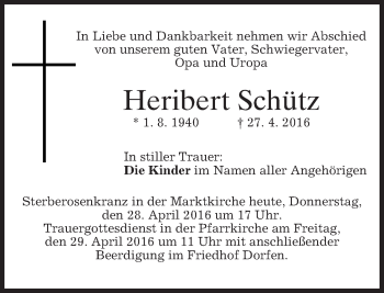 Traueranzeige von Heribert Schütz von merkurtz