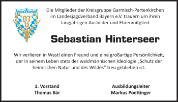 Traueranzeige von Sebastian Hinterseer von merkurtz