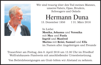 Traueranzeige von Hermann Duna von merkurtz