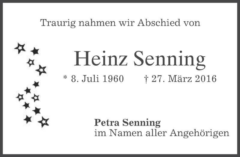  Traueranzeige für Heinz Senning vom 23.04.2016 aus merkurtz