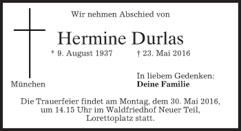Traueranzeige von Hermine Durlas von merkurtz