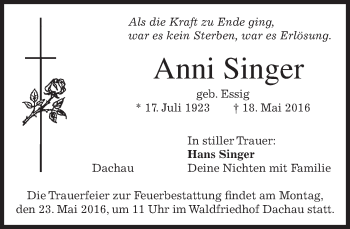 Traueranzeige von Anni Singer von merkurtz