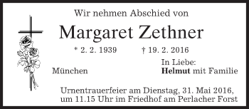Traueranzeige von Margaret Zethner von merkurtz