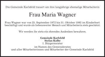 Traueranzeige von Maria Wagner von merkurtz