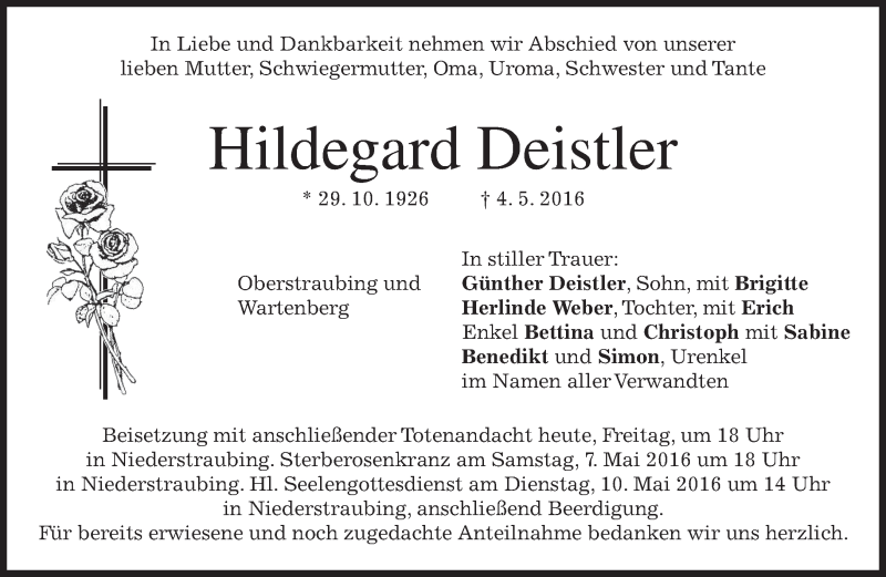  Traueranzeige für Hildegard Deistler vom 06.05.2016 aus merkurtz