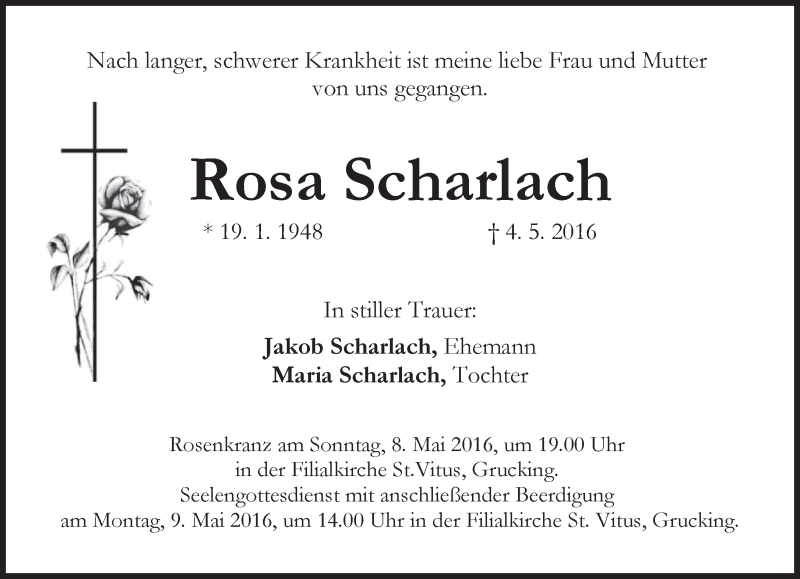  Traueranzeige für Rosa Scharlach vom 06.05.2016 aus merkurtz