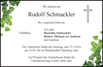 Traueranzeige von Rudolf Schmackler von merkurtz