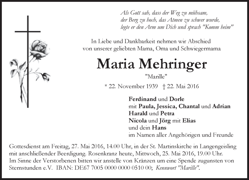  Traueranzeige für Maria Mehrfinger vom 25.05.2016 aus merkurtz