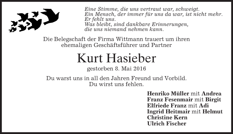  Traueranzeige für Kurt Hasieber vom 14.05.2016 aus merkurtz