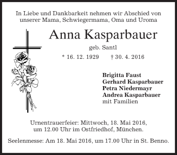 Traueranzeige von Anna Kasparbauer von merkurtz