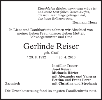 Traueranzeige von Gerlinde Reiser von merkurtz