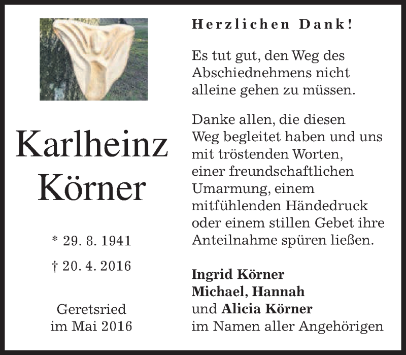  Traueranzeige für Karlheinz Körner vom 07.05.2016 aus merkurtz