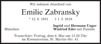 Traueranzeige von Emilie Zabransky von merkurtz