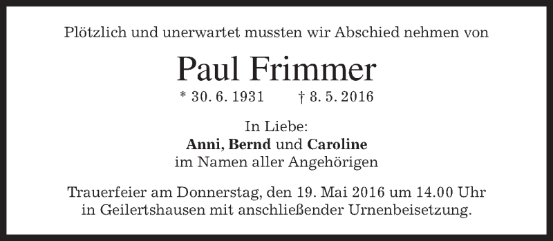  Traueranzeige für Paul Frimmer vom 17.05.2016 aus merkurtz
