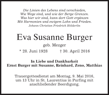 Traueranzeige von Eva Susanne Burger von merkurtz