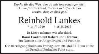 Traueranzeige von Reinhold Lankes von merkurtz