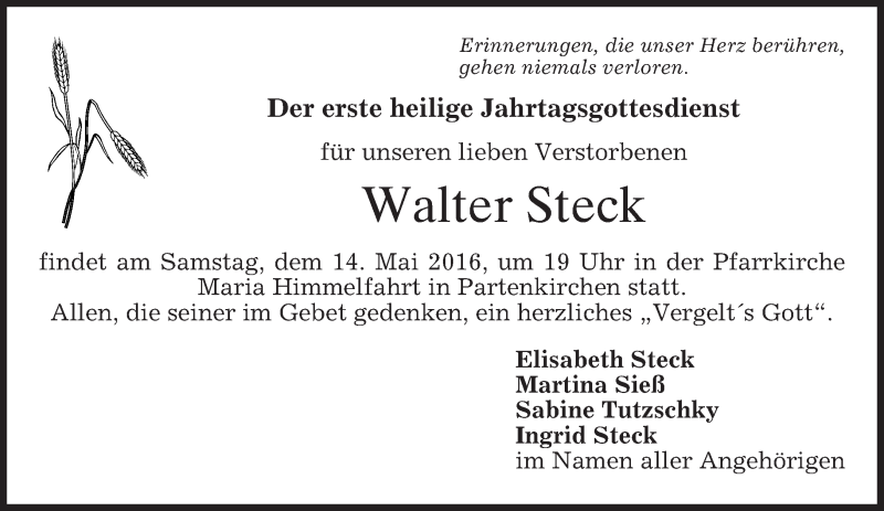  Traueranzeige für Walter Steck vom 11.05.2016 aus merkurtz