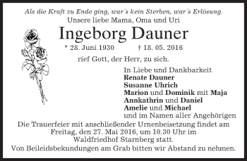 Traueranzeige von Ingeborg Dauner von merkurtz