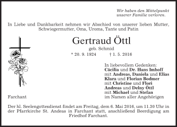 Traueranzeige von Gertraud Ottl von merkurtz