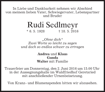 Traueranzeige von Rudi Sedlmeyr von merkurtz