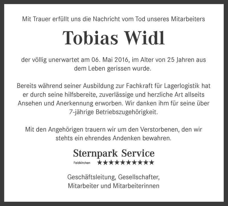  Traueranzeige für Tobias Widl vom 11.05.2016 aus merkurtz