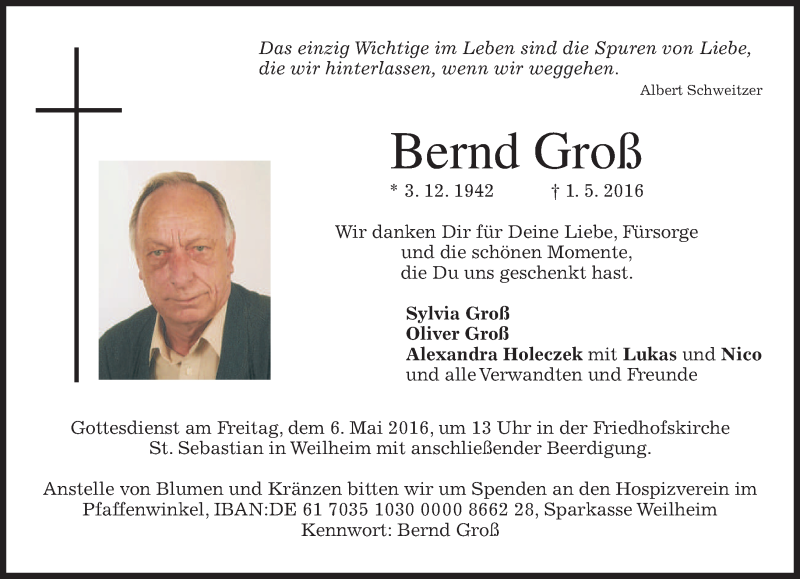  Traueranzeige für Bernd Groß vom 04.05.2016 aus merkurtz