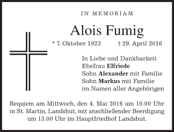 Traueranzeige von Alois Fumig von merkurtz