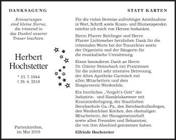 Traueranzeige von Herbert Hochstetter von merkurtz