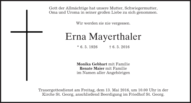  Traueranzeige für Erna Mayerthaler vom 11.05.2016 aus merkurtz