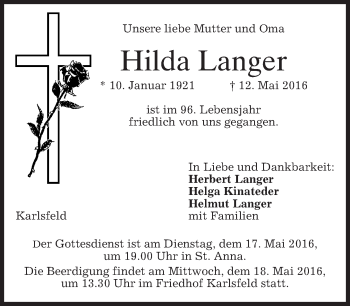 Traueranzeige von Hilda Langer von merkurtz