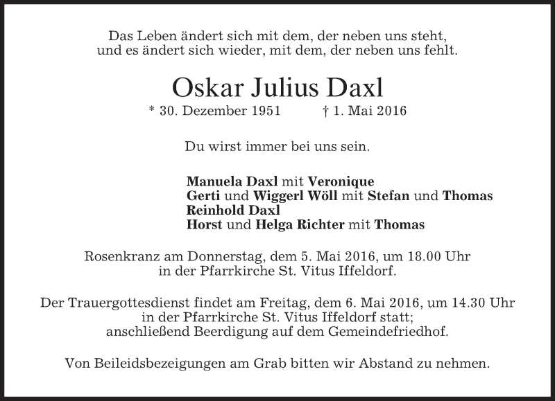  Traueranzeige für Oskar Julius Daxl vom 04.05.2016 aus merkurtz