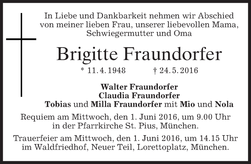  Traueranzeige für Brigitte Fraundorfer vom 28.05.2016 aus merkurtz