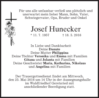 Traueranzeige von Josef Hunecker von merkurtz