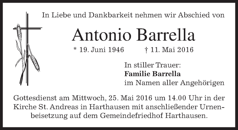  Traueranzeige für Antonio Barrella vom 21.05.2016 aus merkurtz
