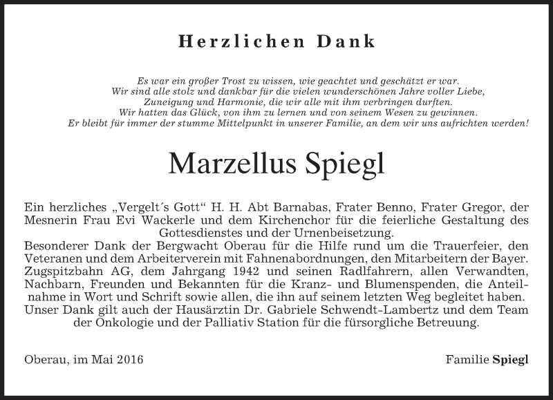  Traueranzeige für Marzellus Spiegl vom 28.05.2016 aus merkurtz