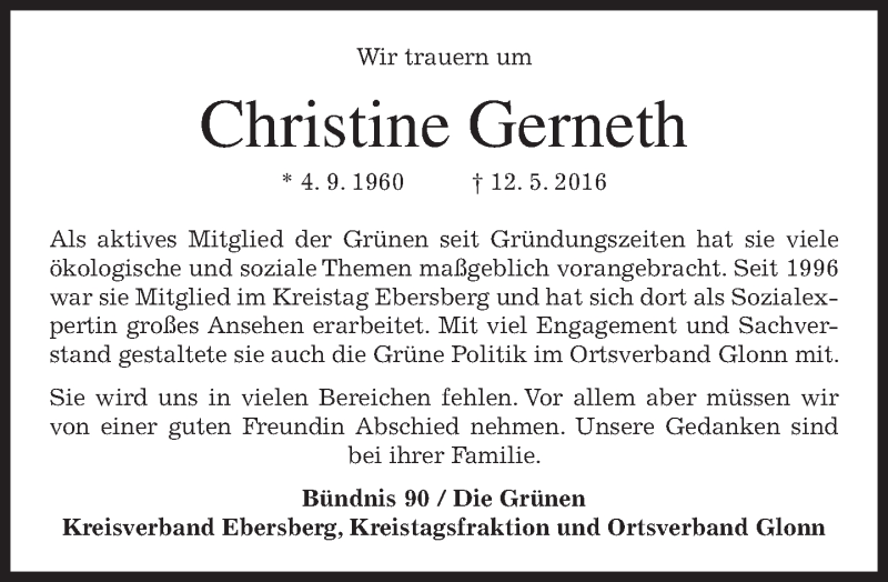  Traueranzeige für Christine Gerneth vom 18.05.2016 aus merkurtz