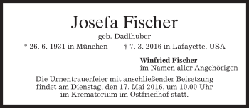 Traueranzeige von Josefa Fischer von merkurtz