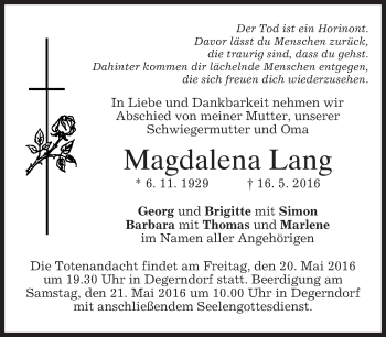 Traueranzeige von Magdalena Lang von merkurtz
