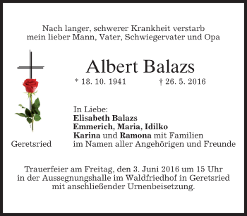 Traueranzeige von Albert Balazs von merkurtz