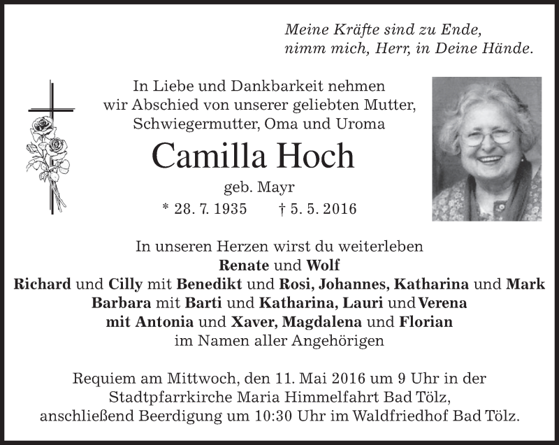  Traueranzeige für Camilla Hoch vom 09.05.2016 aus merkurtz