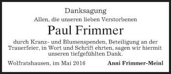Traueranzeige von Paul Frimmer von merkurtz
