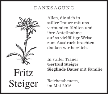 Traueranzeige von Fritz Steiger von merkurtz