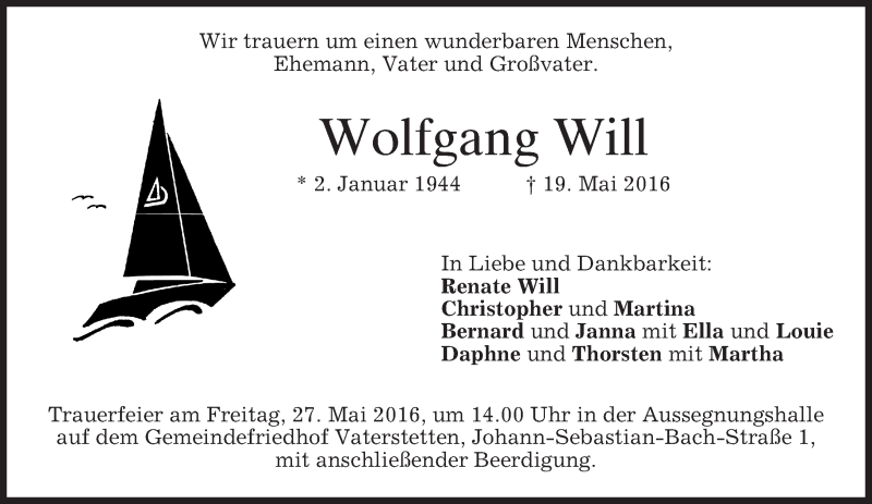  Traueranzeige für Wolfgang Will vom 21.05.2016 aus merkurtz