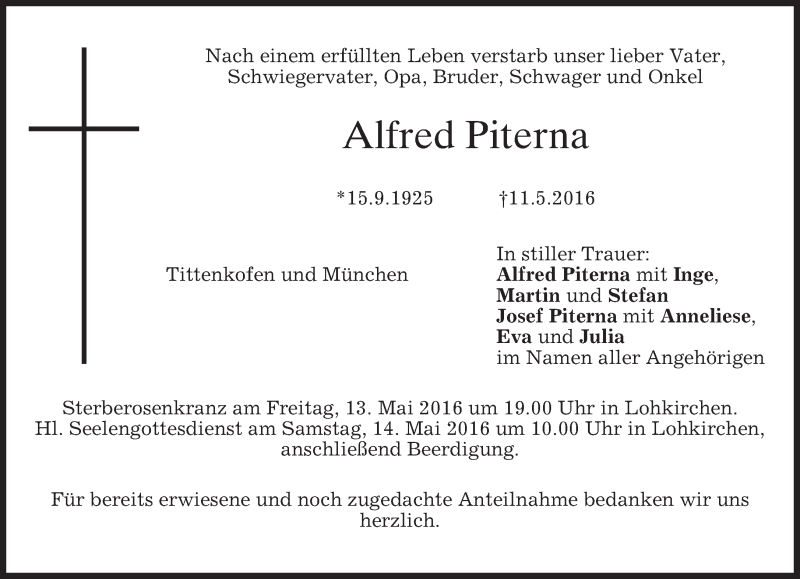  Traueranzeige für Alfred Piterna vom 12.05.2016 aus merkurtz