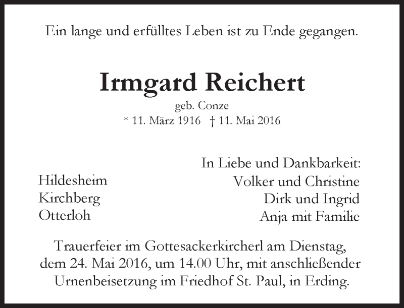  Traueranzeige für Irmgard Reichert vom 21.05.2016 aus merkurtz
