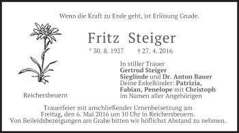 Traueranzeige von Fritz Steiger von merkurtz