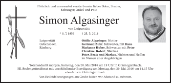 Traueranzeige von Simon Algasinger von merkurtz