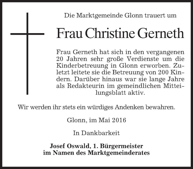  Traueranzeige für Christine Gerneth vom 18.05.2016 aus merkurtz