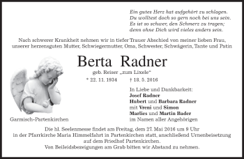 Traueranzeige von Berta Radner von merkurtz
